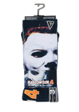Halloween themed men's novelty crew socks featuring Michael Myers mask graphics.