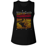 Close-up of Alice in Chains Dirt black sleeveless t-shirt featuring the album artwork and name along with band name in white lettering, photographed flat on a white background.