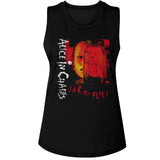 Close-up of Alice in Chains Jar of Flies black sleeveless t-shirt featuring the album artwork with name in red and band name in white, photographed flat on a white background.