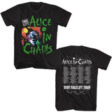 Front and back of Alice In Chains Facelift 1991 Tour black t-shirt featuring album artwork on the front and the words 'Alice in Chains' and '1991 Facelift Tour' along with the tour stops on the back, displayed on a white background.