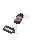 Slayer black fabric keychain with hidden bottle opener featuring the red and grey Slayer Evil Eagle band logo on the front and featuring the word 'SLAYTANIC' in bold white text on the back.