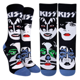 Women's crew socks featuring images of the four members of Kiss and the band name across the top of the socks, along with blue toe and heel accents.