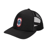 Black Lost Boys trucker hat featuring a rectangular patch on the front with the movie name and vampire mouth in blue, red, and white details and a black mesh back.