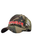 A camouflage trucker hat with 'Iron Maiden' written in red and white across the front, featuring a green camo mesh back.