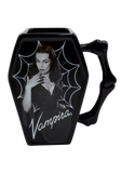 Black coffin-shaped ceramic mug with a handle, featuring a vintage-style black and white graphic of Vampira with a spiderweb design and the word 'Vampira' in white script.