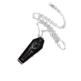 Gothic coffin-shaped pendant necklace made of black enamel featuring a Nosferatu figure at rest in a coffin with silver-toned metal casing and a matching chain.
