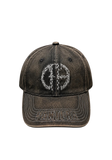 A dark brown distressed wash baseball cap featuring a white Pantera logo on the front and 'PANTERA' embroidered on the brim, displayed on a transparent background.