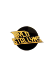 Bill & Ted circular black enamel pin featuring the words 'WYLD STALLYNS' in bold yellow lettering with black outlines.
