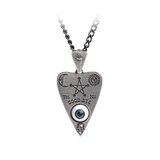 Front of gothic-style silver-toned necklace featuring a ouija board planchette pendant with an eye, a pentagram, a moon, a sun, a skull, and the words 'Yes', 'No', and 'GOOD BYE'.