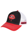 A trucker-style baseball cap with a black front panel, red brim, and white mesh back. The front panel features a graphic of the Rocky Horror Picture Show lips logo and the text 'Rocky Horror Show' is in red on a black embroidered patch on the side mesh.