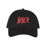 Black baseball cap featuring the red Slayer band logo embroidered on the front.