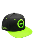 Black Type O Negative baseball hat with a bright green bill and logo graphic on the front panel featuring bright green text reading 'Type O Negative' on the side. The hat has a bright green brim on a black hat, matching bright green vents, and a black mesh back, displayed on a transparent background.