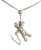 Silver-toned voodoo doll pendant necklace on a matching chain, featuring a textured doll hanging from a noose with a dangling chain link attached 'stabber'.