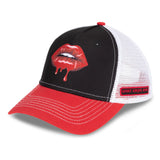 A trucker cap with a black base and a design featuring the Rocky Horror Picture Show lips logo with white mesh fabric on the sides and the text 'Rocky Horror Show' in red on a black patch on one side.
