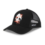 A black trucker cap with a graphic of Jason Voorhees mask from the movie 'Friday the 13th' on the front and the movie name on the side mesh.