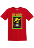 Red t-shirt with 'Bad Brains' graphic design on a white background