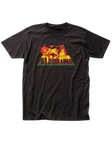 Bad Brains Rasta Lion black t-shirt featuring artwork of their rasta lion imagery in red and yellow with the band name in large black font outlined in red on a green background below the image, displayed on a translucent background.