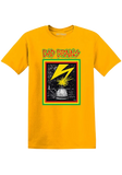 Close-up of Bad Brains Banned in DC yellow t-shirt featuring artwork from the album and the band name logo in red, green, and yellow text, displayed on a translucent background.