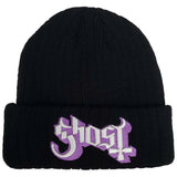 Black beanie with purple and white 'Ghost' logo patch on the front cuff.