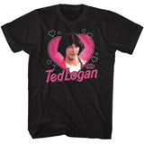 Black Ted Logan t-shirt featuring Ted with a pink heart design background and the words 'Ted Logan' in pink across the bottom of the image on a white background.