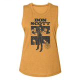 Close-up of mustard yellow sleeveless Bon Scott t-shirt featuring an image of him standing and 4 various headshot images on a white background.
