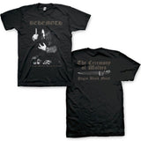 Front and back of Behemoth Ceremony of Wolves black t-shirt featuring the album artwork on the front and an image of a knife with bronze text 'The Ceremony of Wolves Pagan Black Metal' around the image on the back, displayed against a white background.