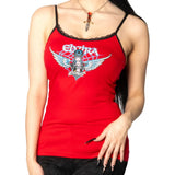 Red tank top with Elvira Mistress of the Dark with wings design worn by a person on a white background