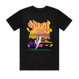 Close-up of Ghost Miami Vice black t-shirt featuring a large band logo in bright pink and yellow font along with a colorful illustration of Papa in a Miami Vice setting leaning on a car, displayed on a white background.