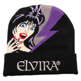 Black beanie with Elvira and a lightening bolt design along with the text "Elvira" embroidered on the cuff.
