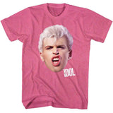 Pink t-shirt with a graphic of Billy Idol's face and the word 'IDOL' on a white background