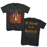 Front and back of Janes Addiction Ritual black t-shirt featuring the burning imagery from the album artwork and the band logo in green text on the front with the words 'El Ritual de lo Habitual' in orange text and 'Los Angeles, CA April 20, 21, 22, 25, 25, 28, 29 1989' in grey text on the back, displayed on a white background.