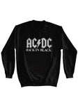 AC/DC Back in Black black sweatshirt featuring the band logo in large white letters with 'Back in Black' in white letters under it, displayed on a white background.