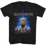 Close-up of Iron Maiden Powerslave Mummy Eddie black t-shirt featuring artwork from the 12 inch single with Eddie as a mummy, displayed on a white background.