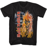 Close-up of Iron Maiden Debut Record black t-shirt featuring album artwork, displayed on a white background.