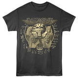 Black t-shirt with Iron Maiden graphic design featuring a pharaoh in golden brown colors.