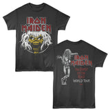 Black t-shirt with Iron Maiden Beast on the Road World Tour graphics on a white background