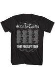 Back of Alice In Chains Facelift 1991 Tour black t-shirt featuring the words 'Alice in Chains' and '1991 Facelift Tour' along with the tour stops, displayed on a white background.