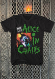 Front of Alice In Chains Facelift 1991 Tour black t-shirt featuring artwork from the album, displayed on a metal gate background.