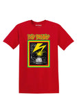 A red short-sleeve t-shirt with a graphic print on the front featuring the text 'BAD BRAINS' in yellow, green, and red, above a black square graphic with a yellow lightning bolt and red, green, and yellow borders.