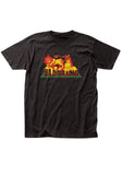 Bad Brains Rasta Lion black t-shirt featuring artwork of their rasta lion imagery in red and yellow with the band name in large black font outlined in red on a green background below the image, displayed on a white background.
