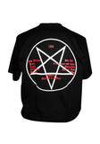 Back of Bathory Us Debut Album black t-shirt featuring a pentagram with red text listing the songs and who produced them along with '1984', displayed on a white background.