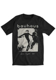 Bauhaus Bella Lugosi black t-shirt featuring album artwork of figure carrying a woman, displayed on a white background.
