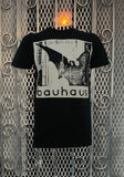Bauhaus Undead black t-shirt featuring album artwork from Bella Lugosi's Dead, displayed on a metal gate background.