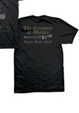 Back of Behemoth Ceremony of Wolves black t-shirt featuring an image of a knife with bronze text 'The Ceremony of Wolves Pagan Black Metal' around the image, displayed against a white background.