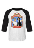 Bill and Ted light heather grey raglan t-shirt with black 3/4 sleeves featuring a colorful illustration of Bill and Ted with the words 'Be Excellent to Each Other' around the image, displayed on a white background.