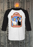 Bill and Ted light heather grey raglan t-shirt with black 3/4 sleeves featuring a colorful illustration of Bill and Ted with the words 'Be Excellent to Each Other' around the image, displayed on a metal gate background.