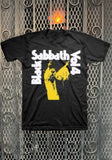 Black Sabbath Volume 4 black t-shirt featuring the album artwork, photographed flat on a metal gate background.