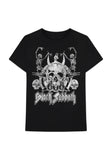 Black Sabbath Skeleton Dance black t-shirt featuring an image of two skeletons dancing, a center skull, the letters 666, and the Black Sabbath logo on a white background.