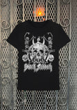 Black Sabbath Skeleton Dance black t-shirt featuring an image of two skeletons dancing, a center skull, the letters 666, and the Black Sabbath logo on a metal gate background.