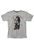 Light heather grey Bon Scott RIP t-shirt with an image of him singing and red text for 'Bon Scott' and '1946 1980' on a white background.